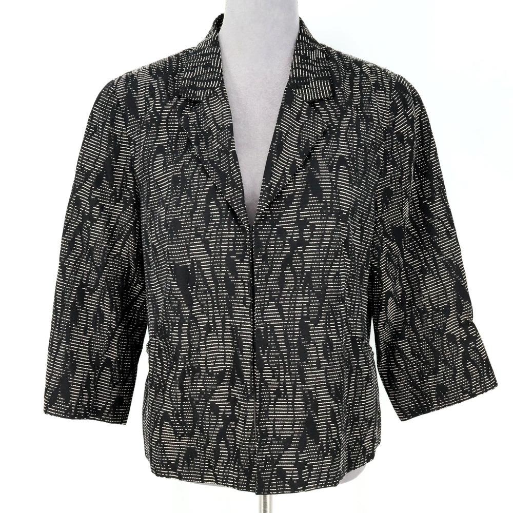 Coldwater Creek Jacket Womens 14 Black Ivory Lined Blazer Cotton Blend Hook Eye